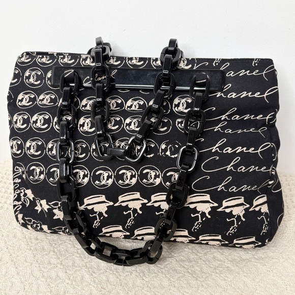 Y2K Vintage CHANEL Canvas Camellia Flower Tote Authentic Acrylic Chain Strap - Picture 1 of 11